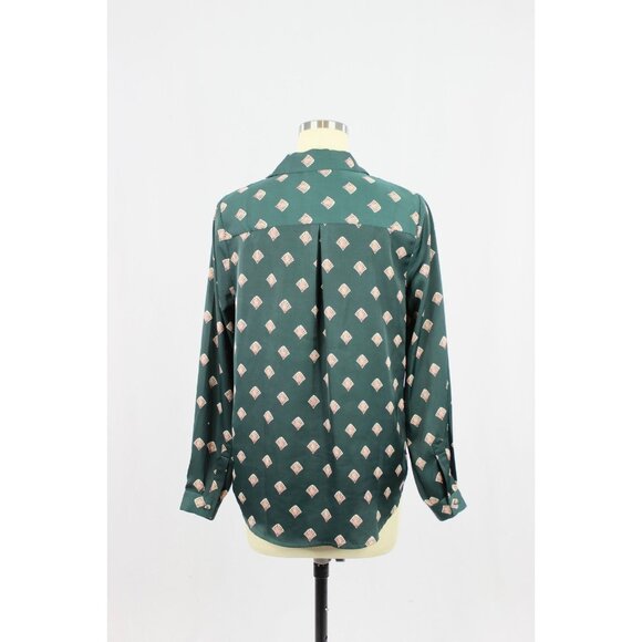 L'ACADEMIE Green Art Deco Shell Print Satin Button Down Shirt Blouse, Size XS - Picture 3 of 12